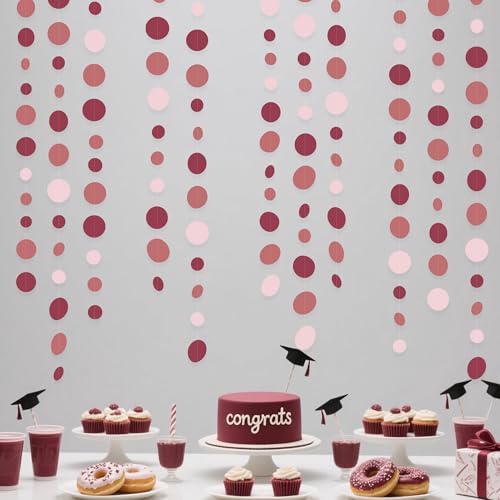 Burgundy Dusty Pink Decorations Circle Dot Garland Maroon Pink Hanging Polka Dot Streamer Banner for Wedding Birthday Bridal Shower Engagement Graduation Anniversary Garnet Party Supplies