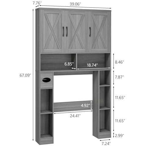 Over The Toilet Storage Cabinet with 3 Barn Doors.Wash Grey