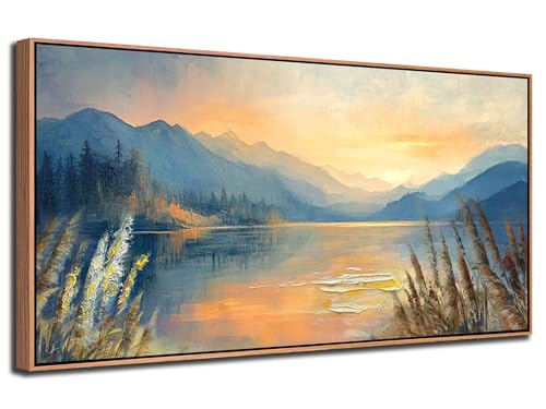 Landscape Painting Sunset Mountain Lake Canvas Wall Art Textured Wood Framed Large 48"x24"