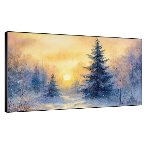 30"x60" Extra Large Framed Wall Art Winter Sunrise in Snowy Pine Forest Watercolor Style for Home Living Room Bedroom Decor