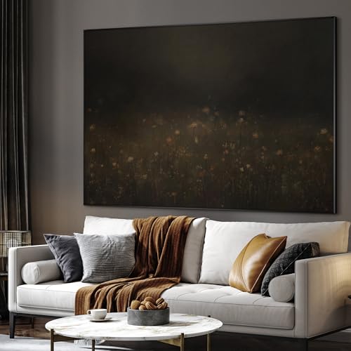 46"x60" Extra Large Framed Wall Art Dark Floral Meadow Moody Wildflower Field in Deep Earthy Tones Illustration for Home Living Room Bedroom Decor