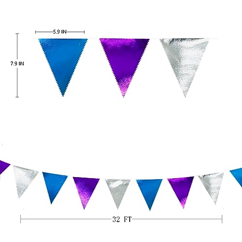 Frozen Party Decoration Purple Blue Silver Metallic Fabric Triangle Pennant Banner Flag Bunting Garland for Frozen Winter Wonderland Christmas Birthday Wedding Baby Shower Bridal Shower Party Supplies (32 Foot)
