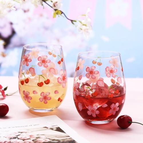 2 Pack 17oz Cherry Blossom Stemless Wine Glasses Cherry and Flower Drinking Glasses Floral Tumbler Cups for Women Wedding Birthday Gift Parties Supplies (2 Count)