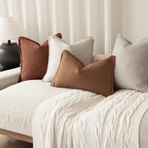 Decorative Linen Fringe Throw Pillow Covers 18×18 Orange Brown (2 Count)