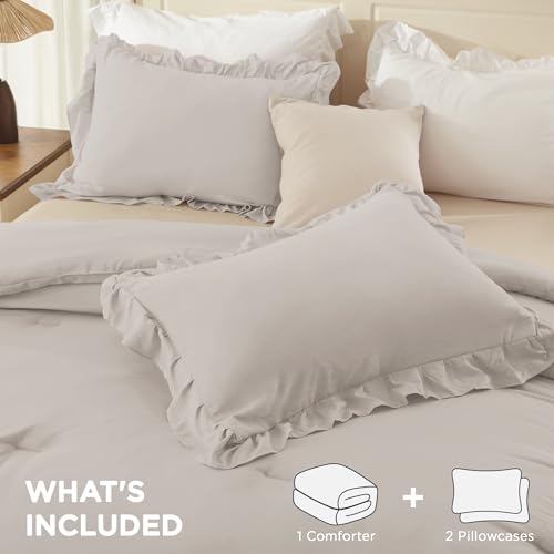 Linen Grey Twin Size Ruffle Comforter Set