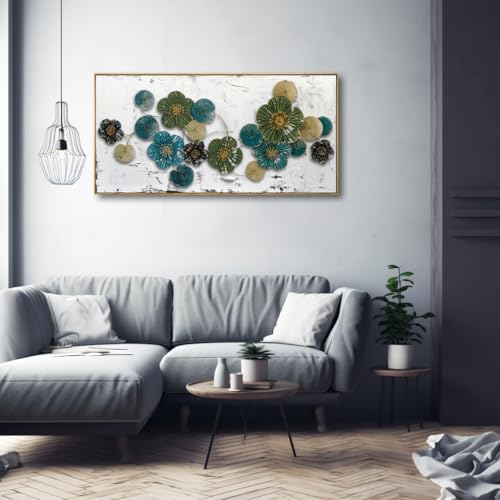 Wall Art Floral Decor Green and Blue Canvas Painting 24"x48" Framed