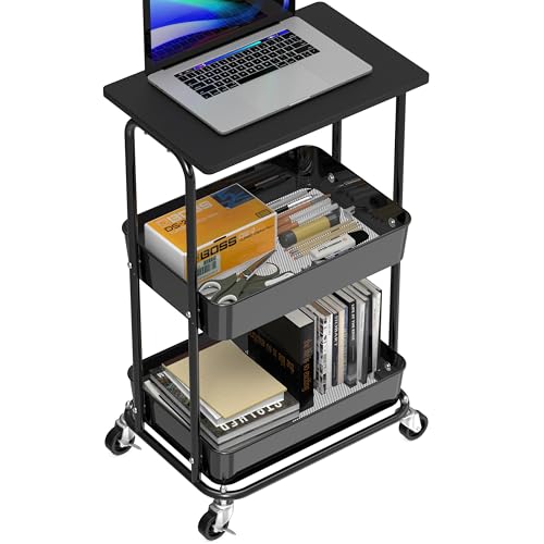 2 Tier Rolling Utility Cart Wood Top