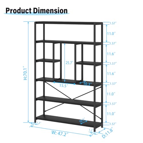 6 Tier Industrial Bookshelf for Bedroom Living Room Office (6 Count)