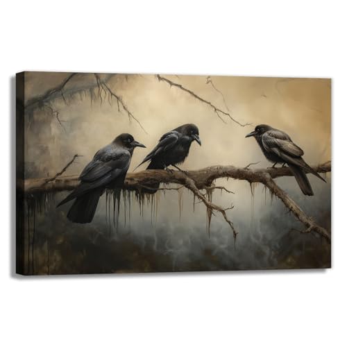 Halloween Decor Vintage Crow Wall Art Retro Art Poster Creepy Raven Picture Print Horrid Cemetery Painting Artwork Home Wall Decor