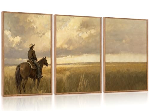 3 Pcs Western Cowboy Framed Wall Art 24x36 Inch