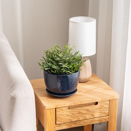 7 Inch Round Blue Ceramic Plant Pot with Drainage Hole and Attached Saucer