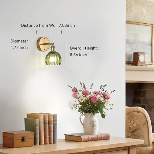Battery Operated Vintage Wall Sconces with Green Tulip Glass Lampshade Battery Powered Wall Lighting for Bedside Bedroom Doorway