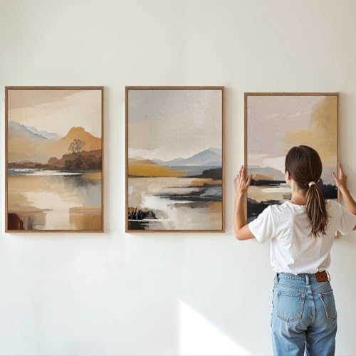Beige Abstract Mountain Framed Canvas Wall Art (3 Count)
