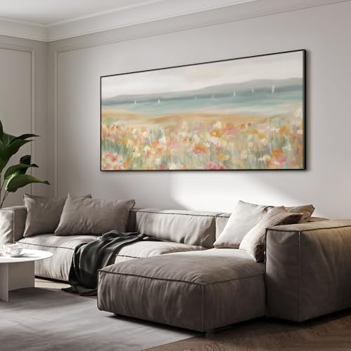 36"x72" Extra Large Framed Wall Art Coastal Flower Field with Sailing Boats Serene Landscape Illustration for Home Living Room Bedroom Decor