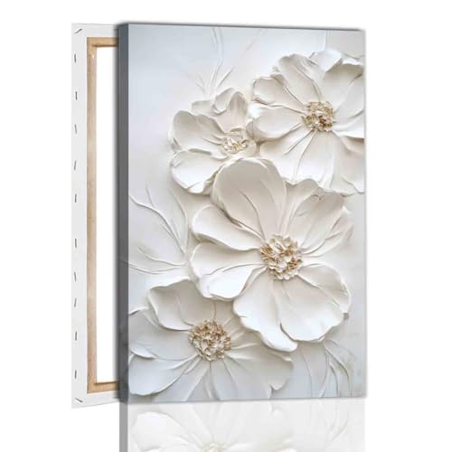 White Flower Canvas Wall Art Abstract Floral Pictures Minimalist Botanical Poster Flower Texture Painting 16x24inch framed