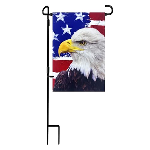 Garden Flag Stand with American Garden Flags Patriotic Stars and Eagle Yard Flag 12x18 Inch Holder Pole Stake Double Side for Outside with Clips and Stopper for Memorial Day 4 th of July