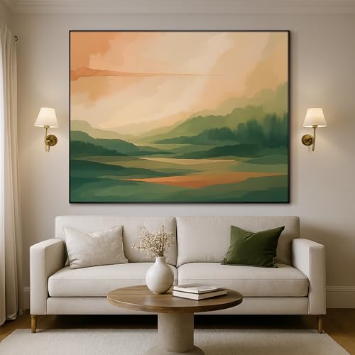 46"x60" Extra Large Framed Wall Art Serene Green Mountains Horizon Landscape Illustration for Home Living Room Bedroom Decor