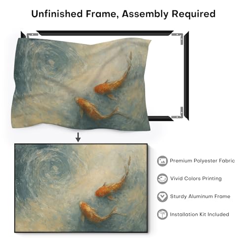 46"x72" Extra Large Framed Wall Art Koi Fish Swirl Tranquil Water Illustration for Home Living Room Bedroom Decor