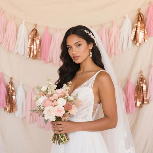 Rose Gold Peach White Pink Tassel Garland Banner (20 Count)