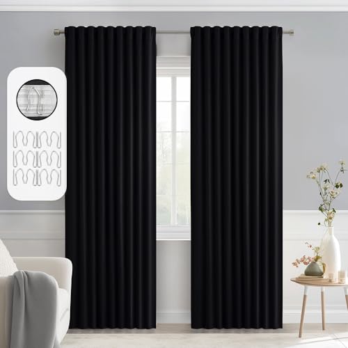 Black Back Tab Blackout Curtains 52x72 Inches Long 2 Panels Set (2 Count)