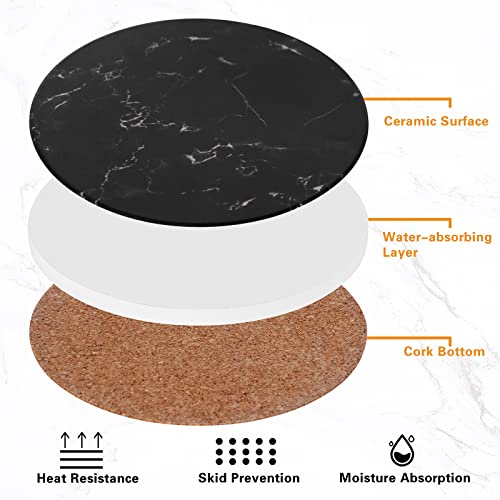 Drink Coasters with Holder Absorbent Ceramic Coasters Set of 6 Black Marble Style