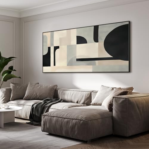 24"x46" Extra Large Framed Wall Art Modern Neutral Abstract Geometric in Black and Beige