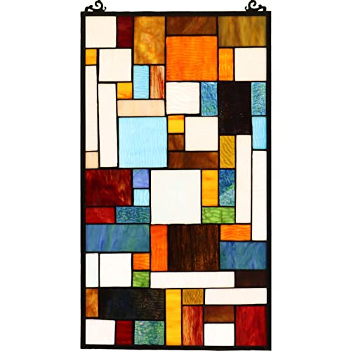 Geometric Color Block Tiffany Style Stained Glass Window Panel with Hanging Chain