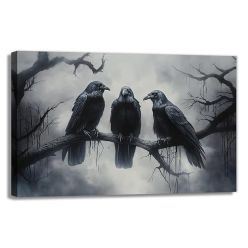 Halloween Wall Art Black Raven Art Poster Night Forest Landscape Pictures Print Scary Weird Black Crow Living Room Home Bedroom Decor