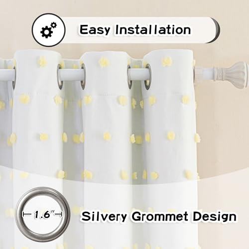 100% Blackout Curtains for Nursery Thermal Insulated Yellow Pom Pom Curtains 63 Inch Length for Girls Bedroom 2 Panels Grommet White Sheer Curtains for Dining Room (2 Count)