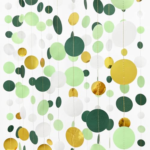 46 Ft Sage Green Gold Party Decorations Polka Dots Garlands Hanging Paper Circle Dots Streamer for Safari Wild Woodland Jungle Theme Birthday Shower Graduation Wedding Party Decorations Supplies