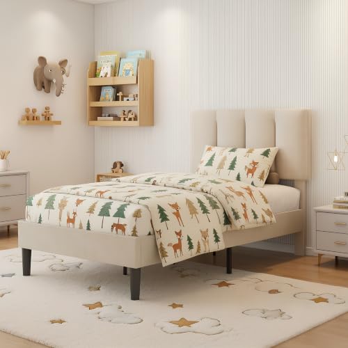 Twin Size Bed Frame with Upholstered Headboard