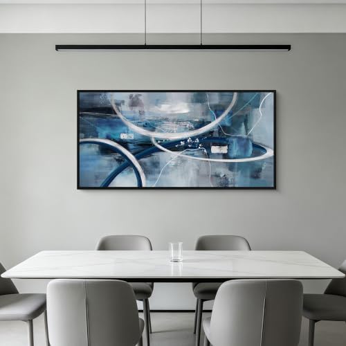 Blue Abstract Wall Art Modern Neutral Fluid Painting with Thin Black Frame
