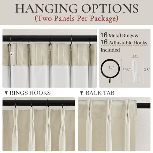 Pinch Pleat Cream Linen 102 Inch Long Curtains for Dining Room 2 Panels Set