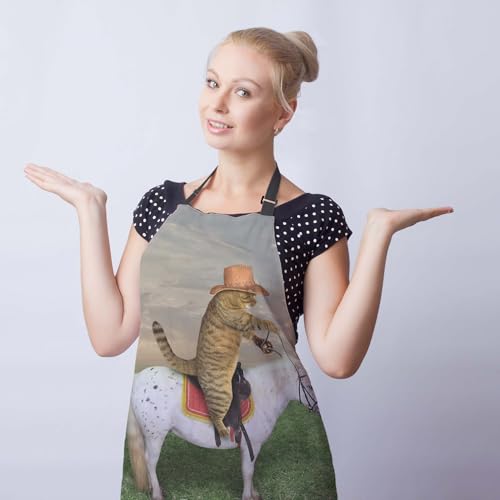 Kitchen Aprons for Women the Cat Cowboy on a Horse Mans Cooking Apron for Cooking Restaurant BBQ Painting Crafting Gardening 27”
