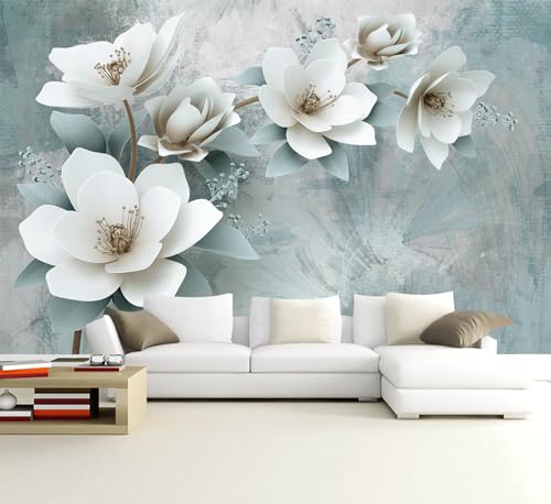 3D White Floral Wallpaper Green Background Wall Mural Girl Bedroom