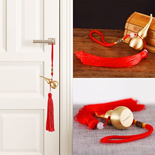 Feng Shui Brass Wu Lou Golden Gourd with Red Luck Strip Treasure Pendant for Bedroom