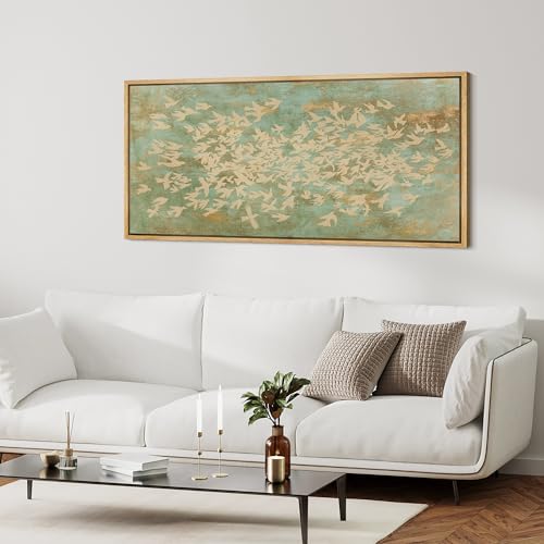 Extra Large Framed Canvas Print Wall Art Rustic Birds in Flight Abstract Pattern Antique Retro Fine Art Illustrations Decorative Colorful for Bedroom