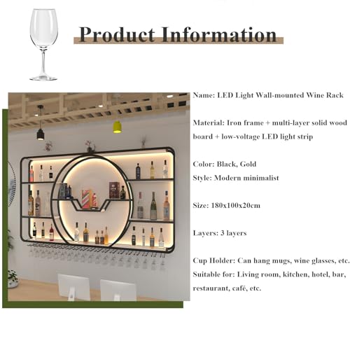 3 Tiers Metal Wine Rack Wall Mounted Modern With LED Light With Wine Glass Holder Large Liquor Bar Display Shelf