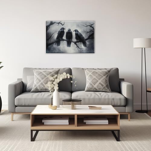 Halloween Wall Art Black Raven Art Poster Night Forest Landscape Pictures Print Scary Weird Black Crow Living Room Home Bedroom Decor