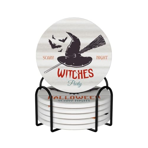 6 PCS Halloween Coasters with Metal Holder and Cork Base Ceramic Drink Coasters Absorbent Cup Mat Non