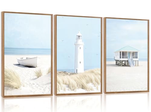 3 Pcs Blue Beach Coastal Framed Canvas Wall Art 16x24 Inch