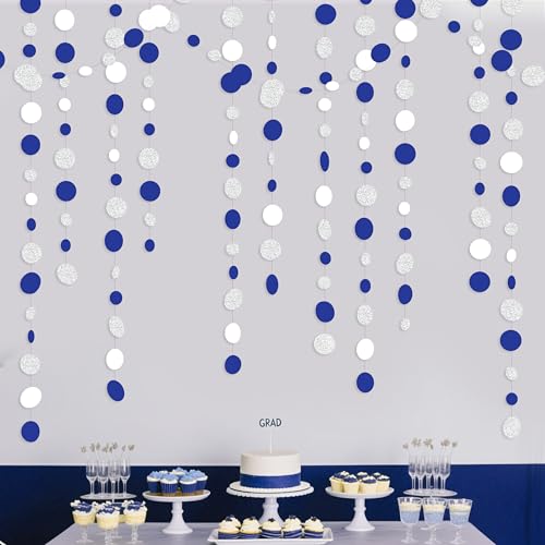 46 Feet Navy Blue White and Silver Circle Dots Garland Royal Blue Hanging Paper Polka Dots Streamer for Birthday Wedding Bridal Shower Nautical Ahoy Achor Graduation Party Decorations Supplies