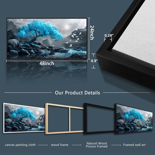 Large Black Framed Wall Decor For Living Room Canvas Wall Art For Office Modern Wall Decorations For Bedroom Blue Tree Landscape Painting Farmhouse Pictures Artwork Home Decor 24x48 In