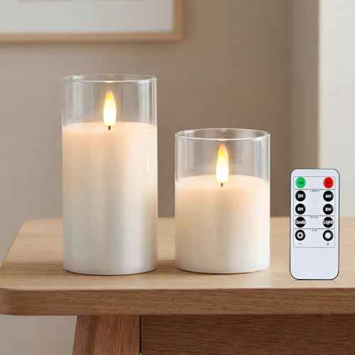 White Glass Real Wax Flameless LED Pillar Candles with Remote Timer (2 Count)