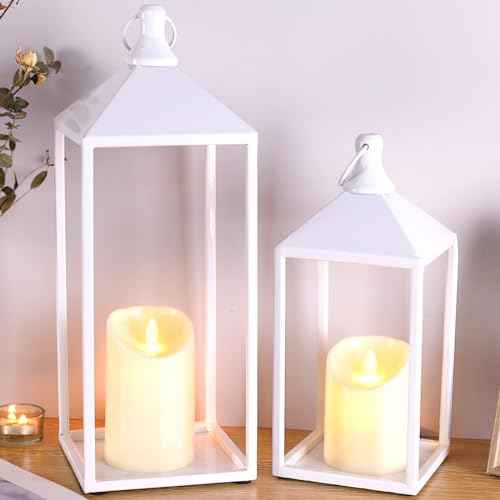 2 Pcs Wedding Lanterns Decorative with Candles White Farmhouse Lanterns (2 Count)