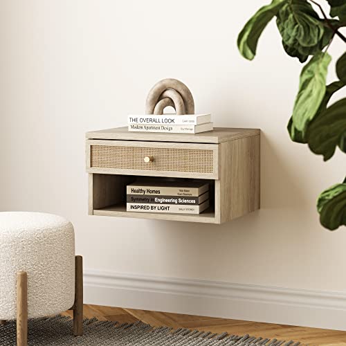 Jackson Wall Mounted Rattan Floating Bedroom Nightstand with Storage Drawer and Modern Open Shelf Cubby