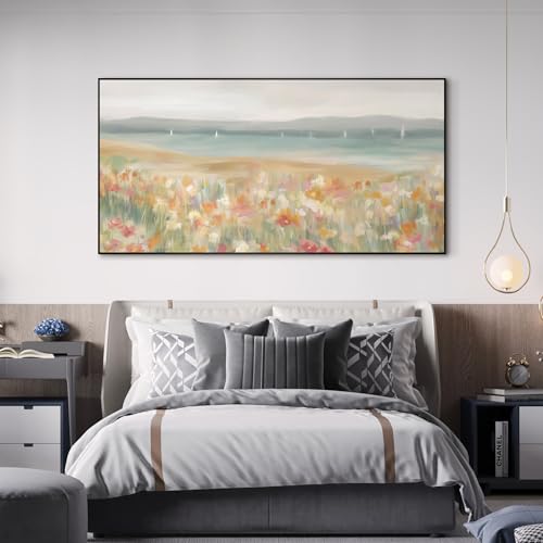 24"x46" Extra Large Framed Wall Art Coastal Flower Field with Sailing Boats Serene Landscape Illustration for Home Living Room Bedroom Decor