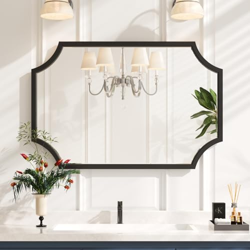 24"x36" Sleek Black Metal Scalloped Decorative Wall Mirror