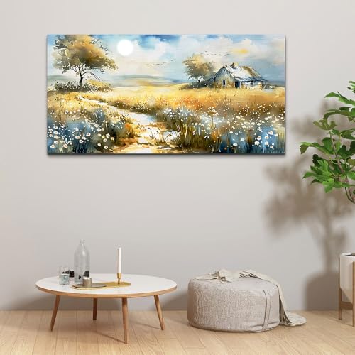 Large Country Field Painter House Decorated Wildflower Field Landscape Painting Living Room Decorated Wall Art Modern Print Canvas Farmhouse Office Bedroom Wall Decorated 30 X 60 Inches