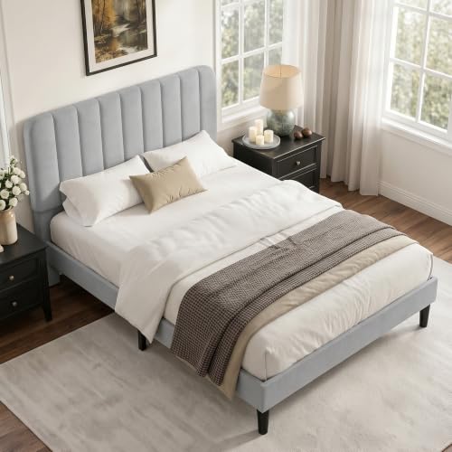 Queen Size Bed Frame with Upholstered Headboard